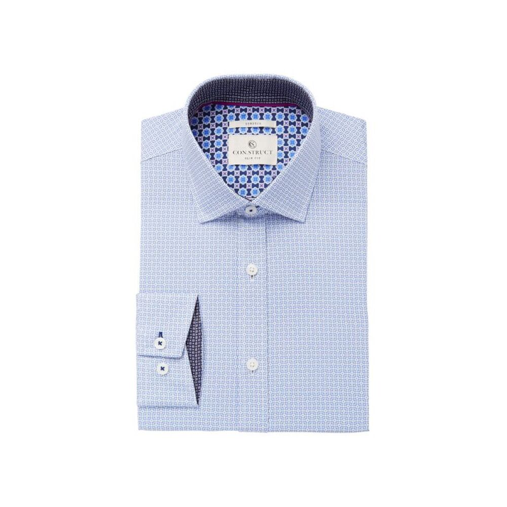 Con.struct Mens Slim Fit Stretch Blue Geometric Squares Dress Shirt